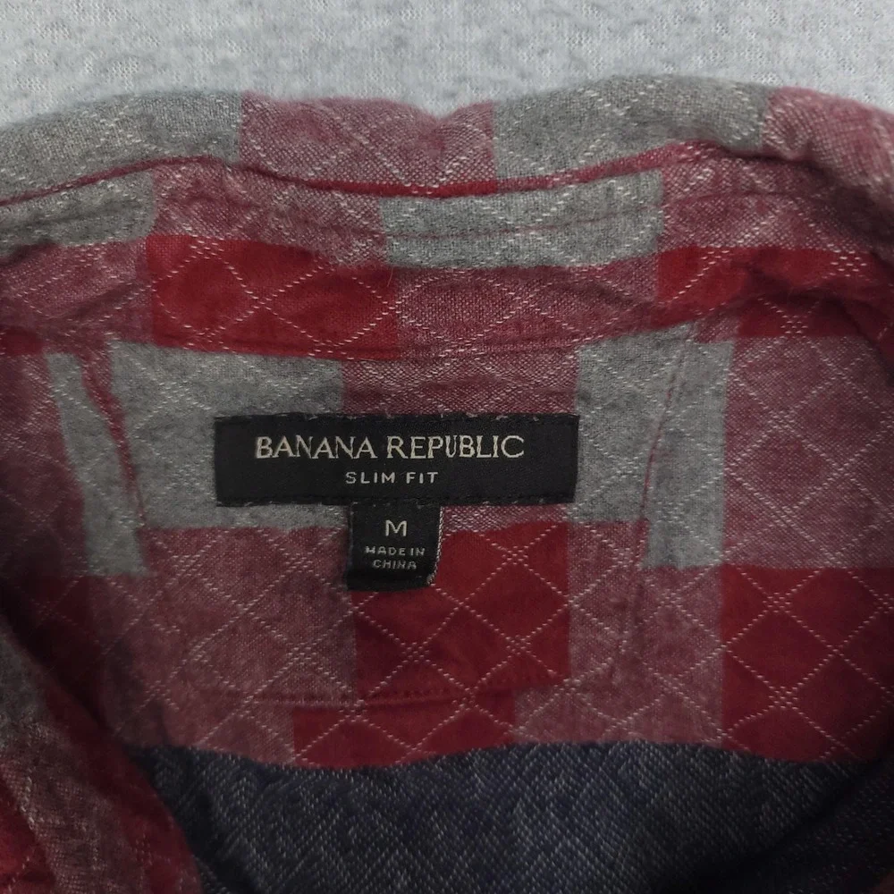 Banana Republic Shirt Mens Medium Red Gray Quilted‎ Flannel Plaid Lined Slim